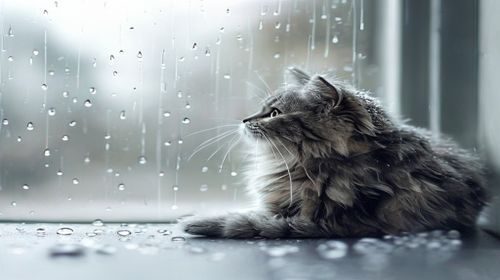 布偶猫趴在窗台上望着雨滴，毛茸茸的身影在柔和灰光中显得格外治愈，安静唯美