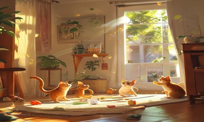 橘猫在客厅里搬运玩具到处乱跑，主人追着拍，画面温馨搞笑，阳光明媚的午后氛围